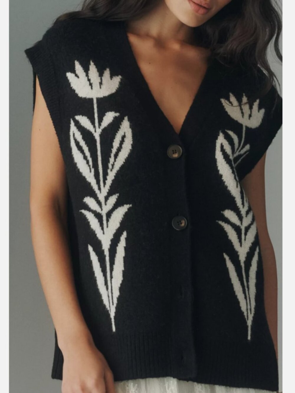 By Anthropologie Button-Front Sweater Vest Cardigan Black Floral Size S NWT - Picture 4 of 6